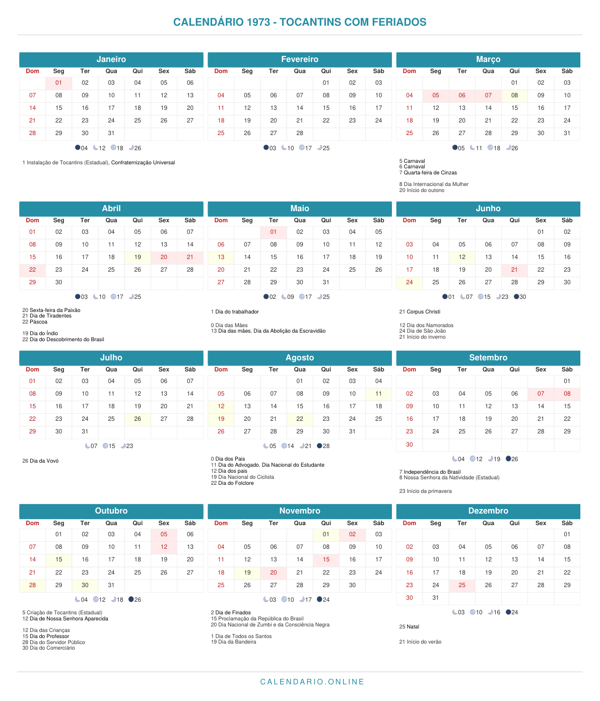Calendário 1973 de Tocantins com feriados