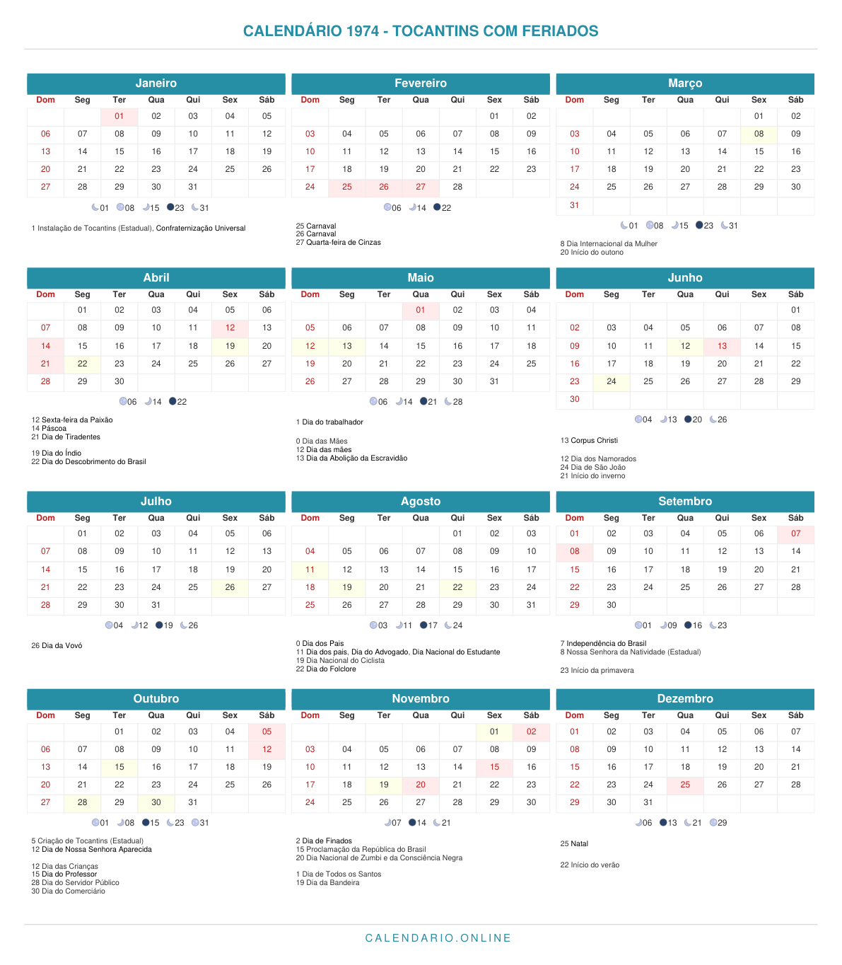 Calendário 1974 de Tocantins com feriados