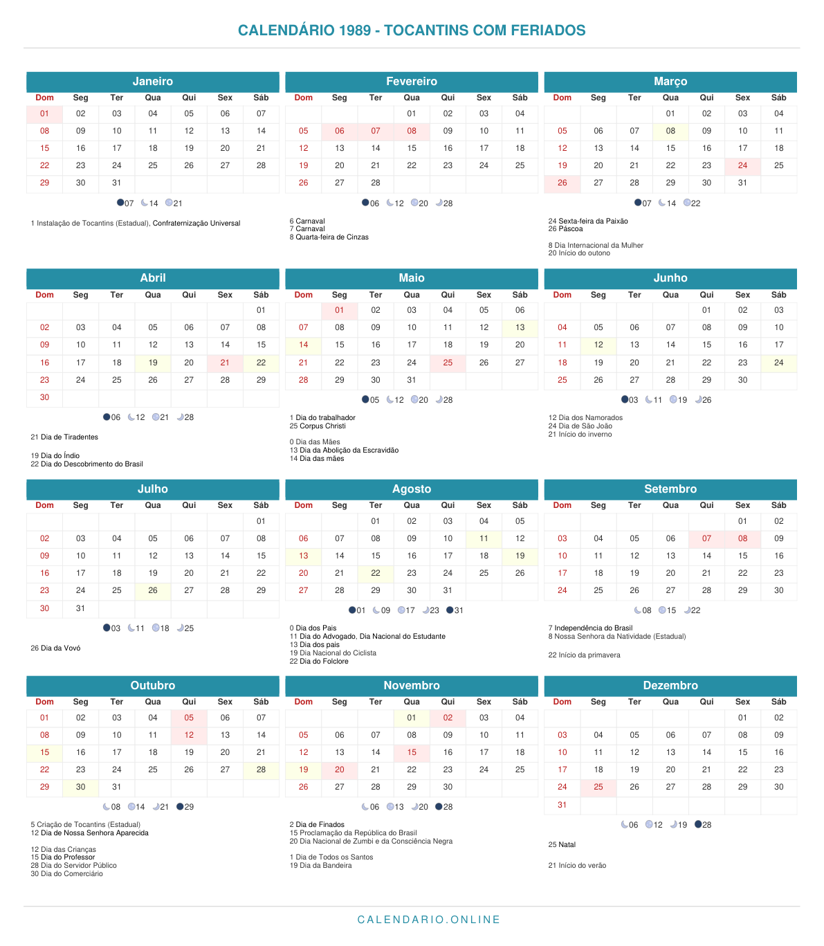 Calendário 1989 de Tocantins com feriados