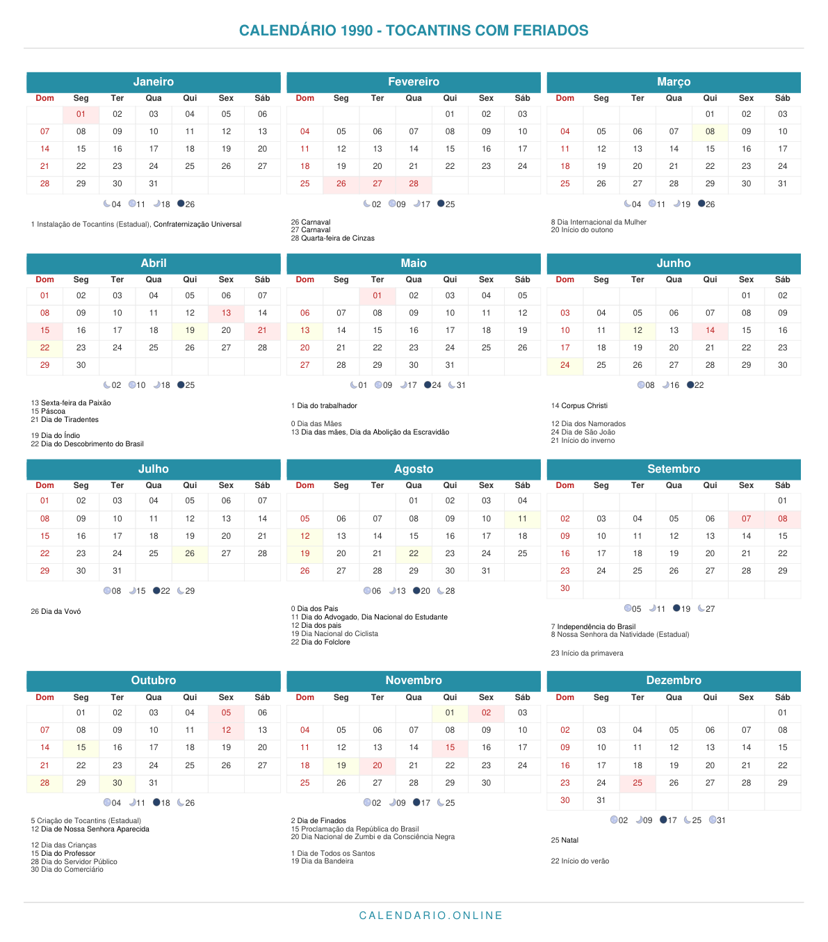 Calendário 1990 de Tocantins com feriados