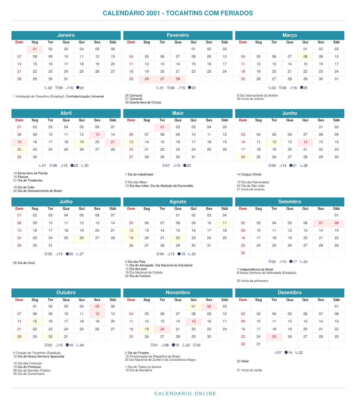 Calendário 2001 de Tocantins com feriados
