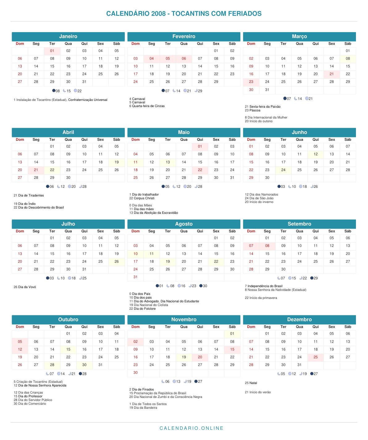 Calendário 2008 de Tocantins com feriados