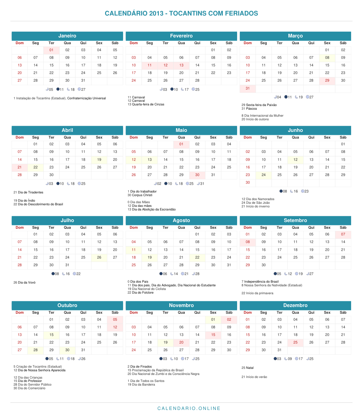 Calendário 2013 de Tocantins com feriados