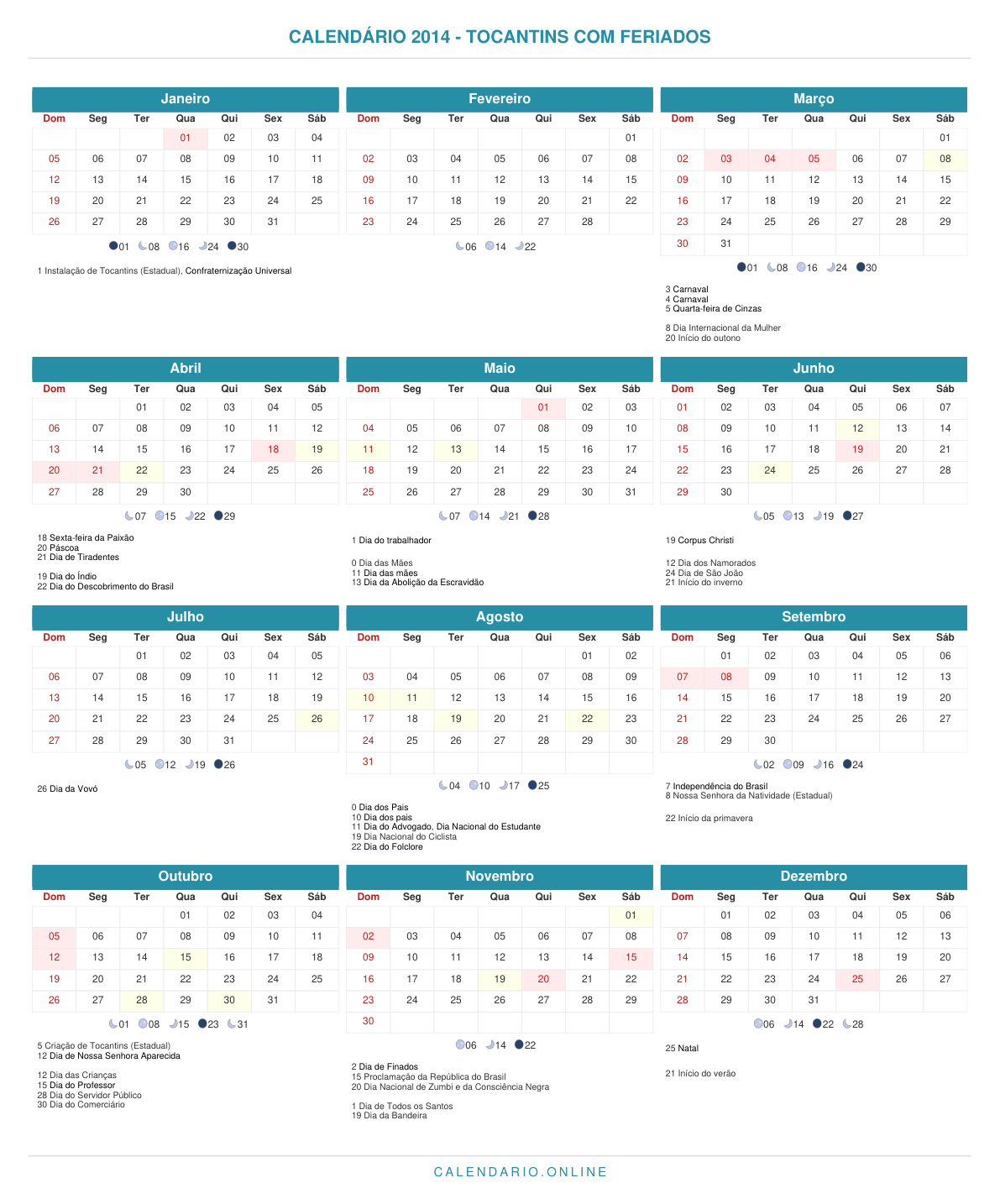 Calendário 2014 de Tocantins com feriados