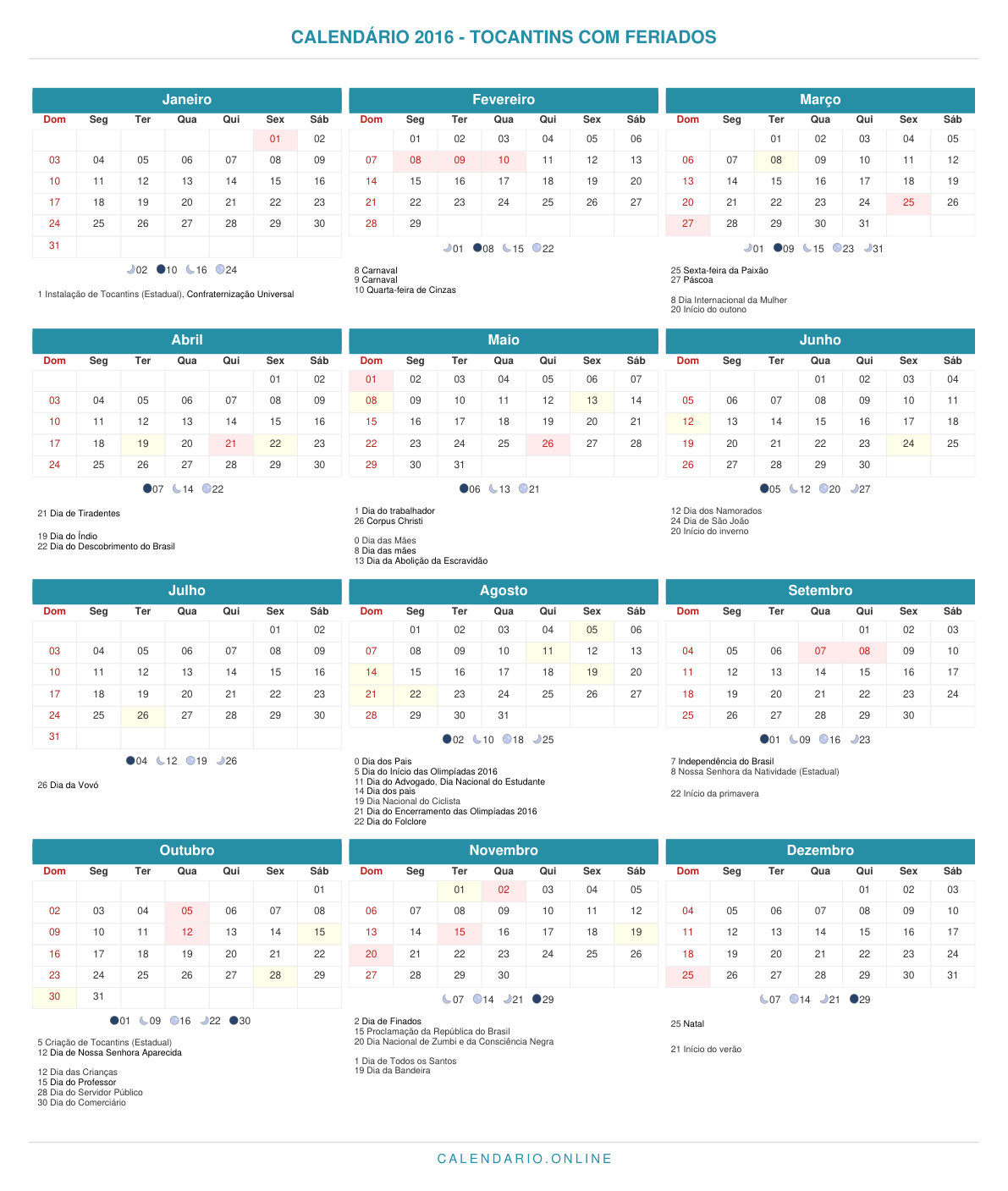 Calendário 2016 de Tocantins com feriados