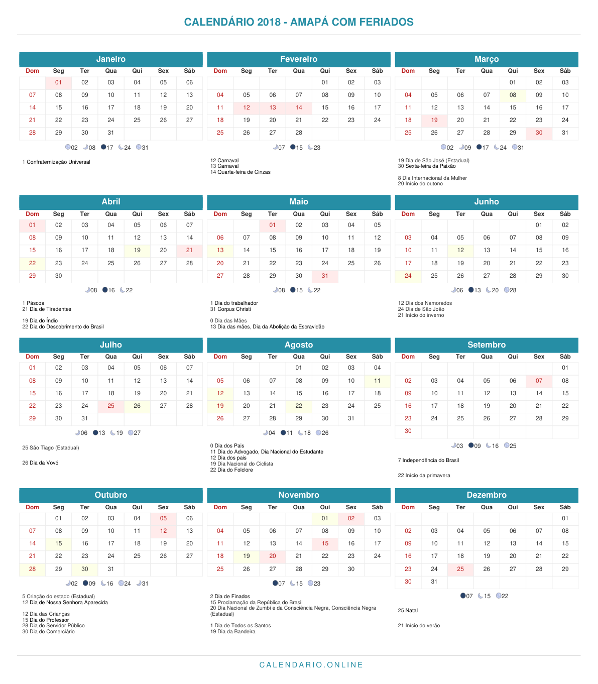 Calendário 2018 do Amapá com feriados