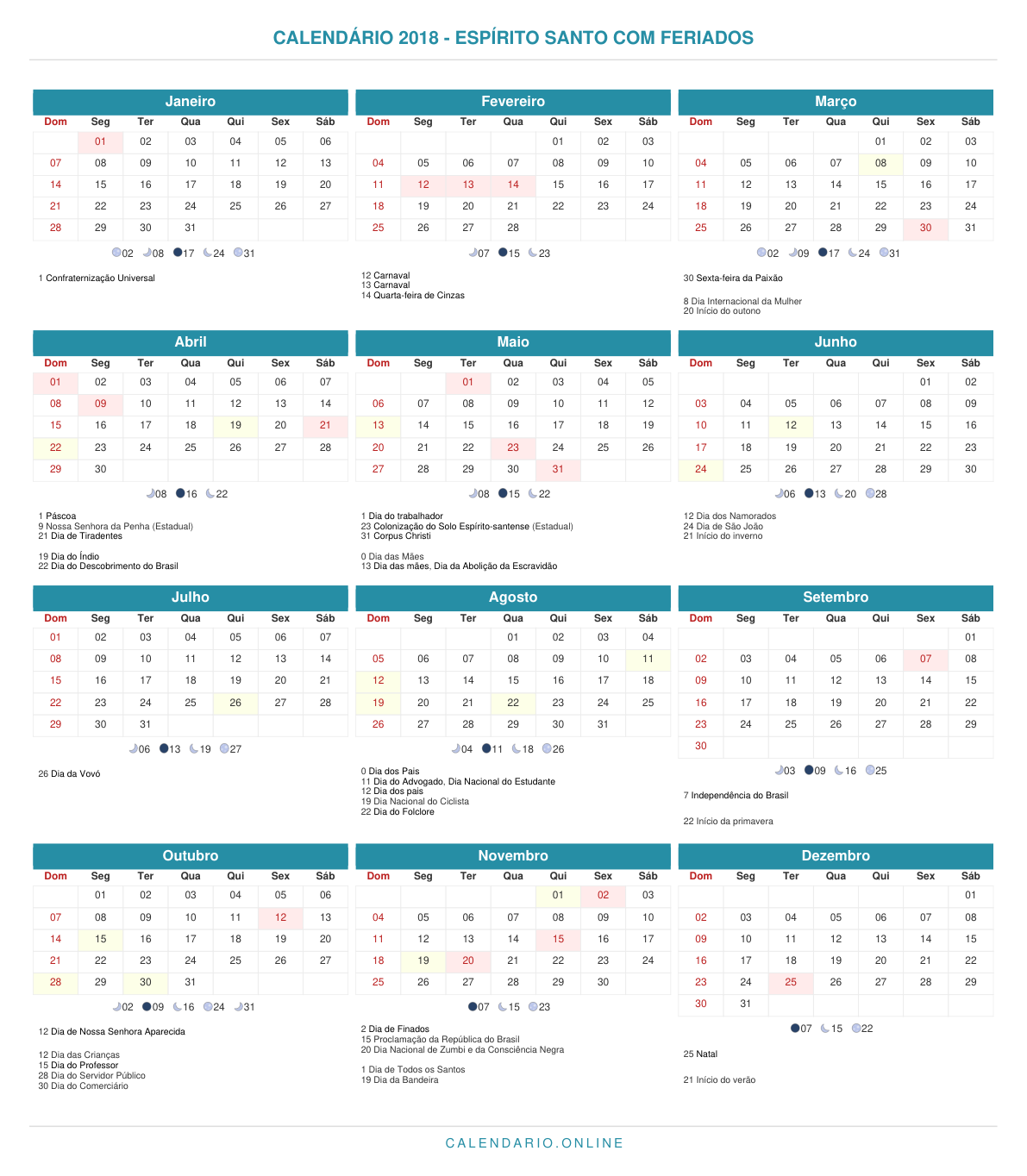 Calendário 2018 do Espírito Santo com feriados