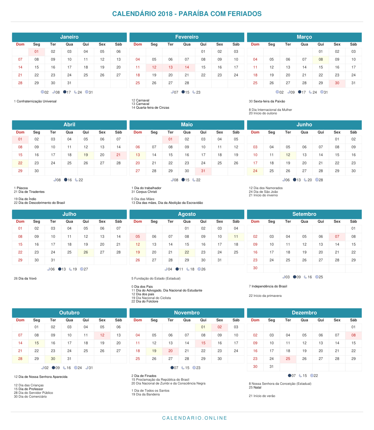 Calendário 2018 da Paraíba com feriados