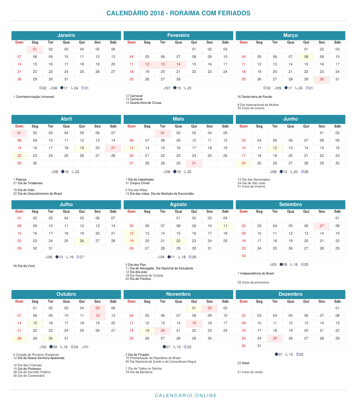 Calendário 2018 de Roraima com feriados