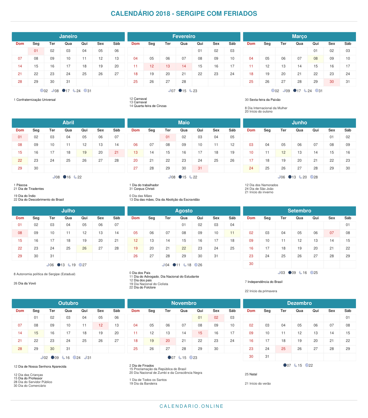 Calendário 2018 de Sergipe com feriados