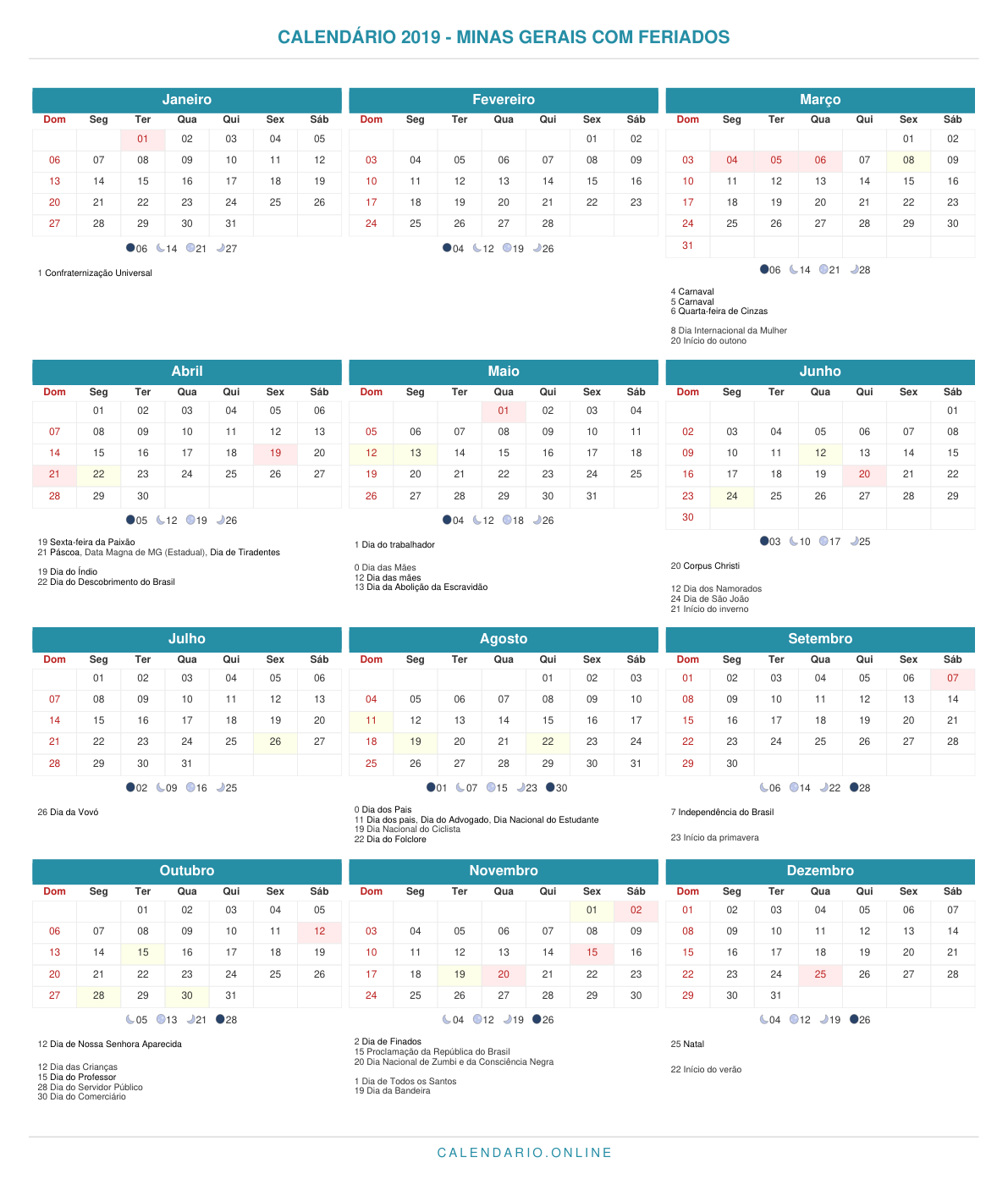 Calendário 2019 de Minas Gerais com feriados