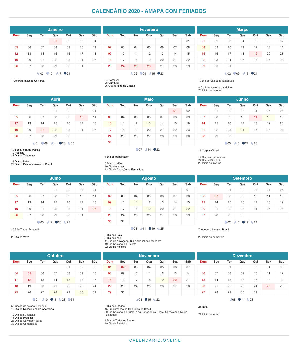 Calendário 2020 do Amapá com feriados