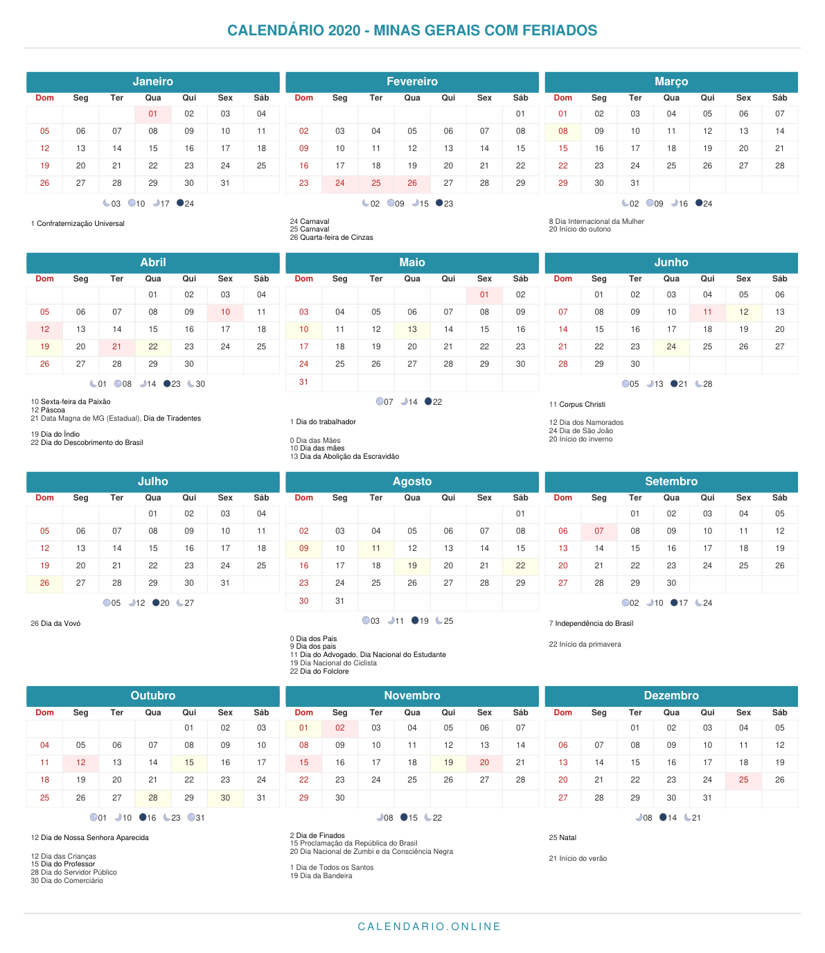 Calendário 2020 de Minas Gerais com feriados