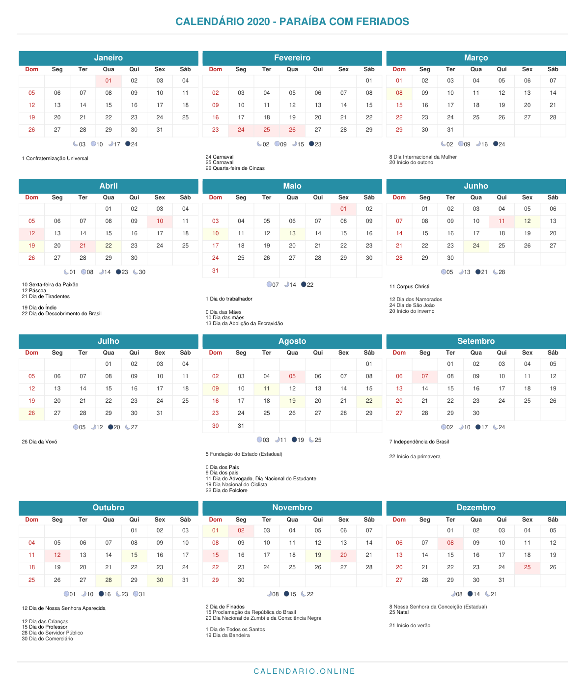 Calendário 2020 da Paraíba com feriados