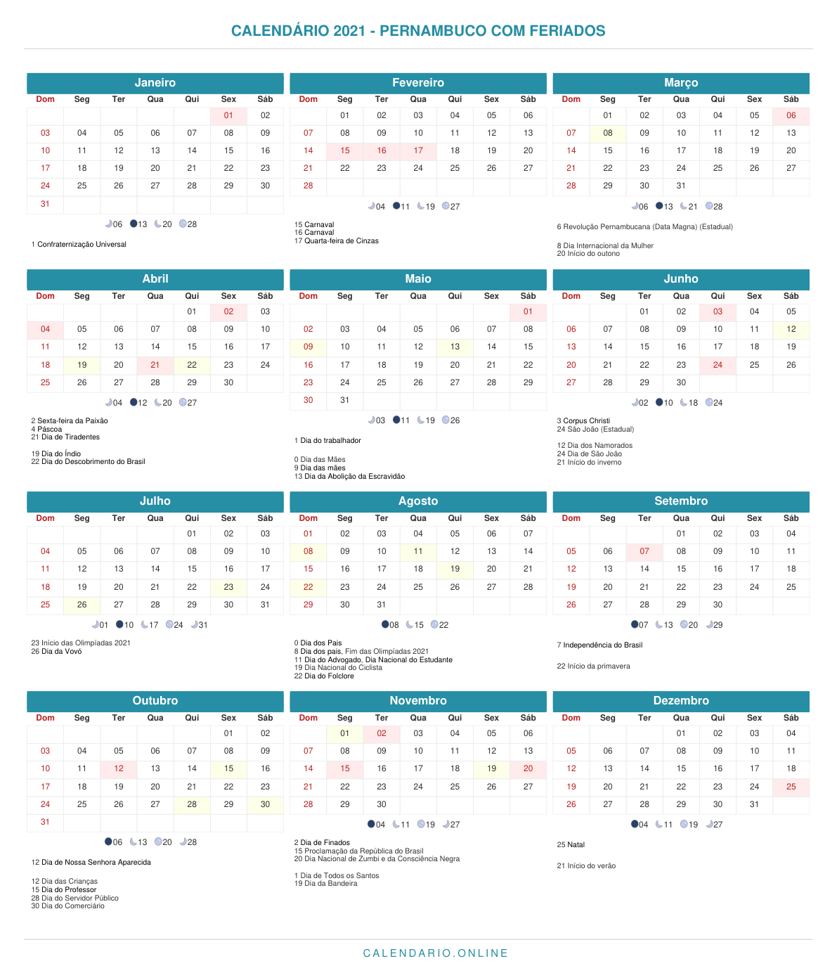 Calendário 2021 de Pernambuco com feriados