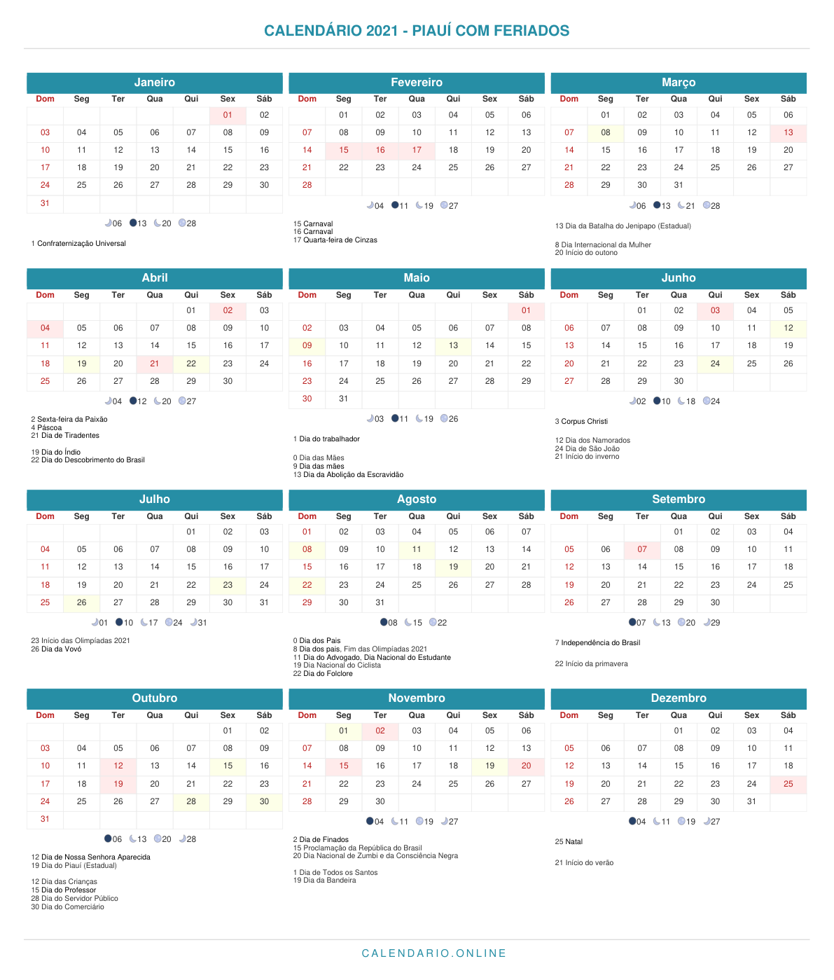 Calendário 2021 do Piauí com feriados