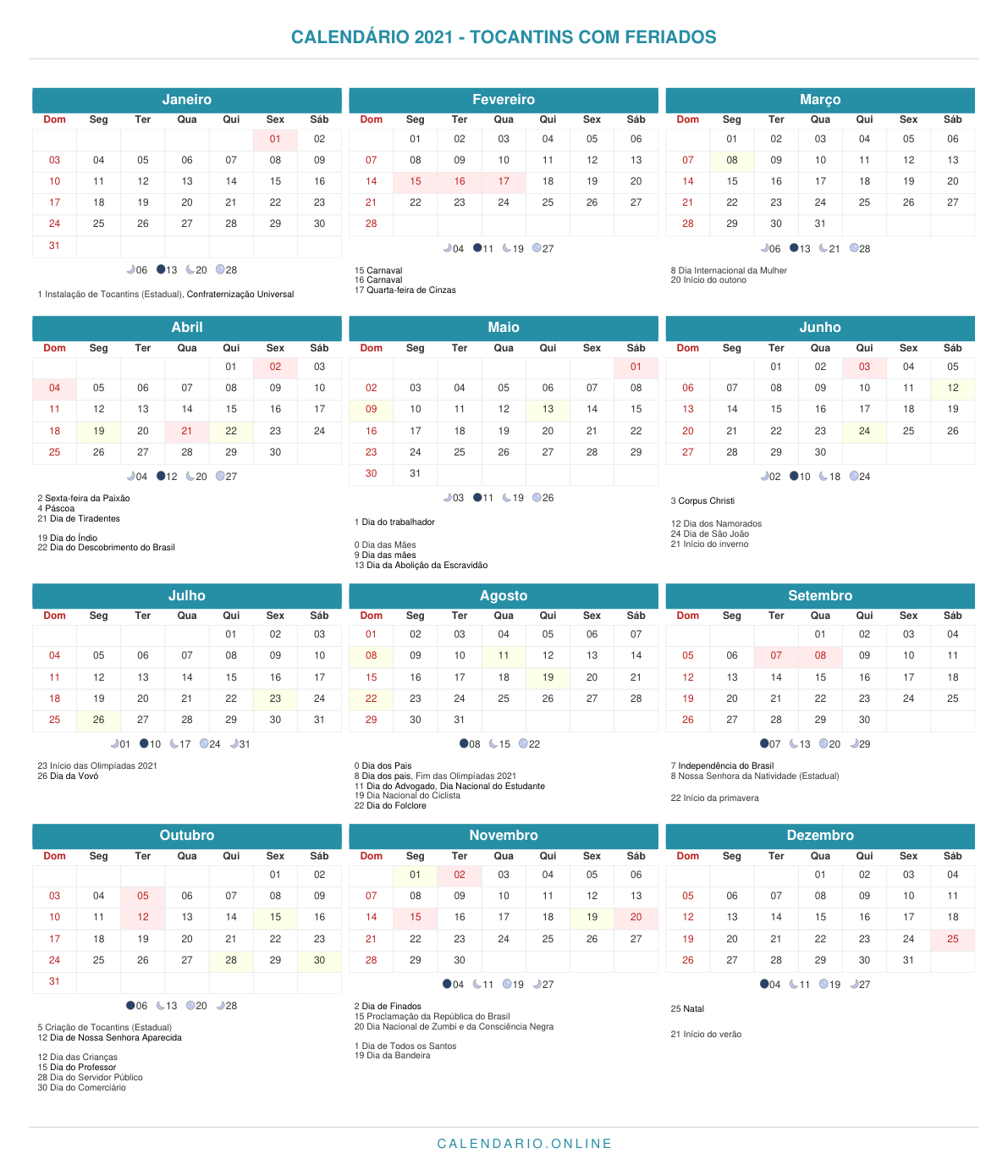 Calendário 2021 de Tocantins com feriados