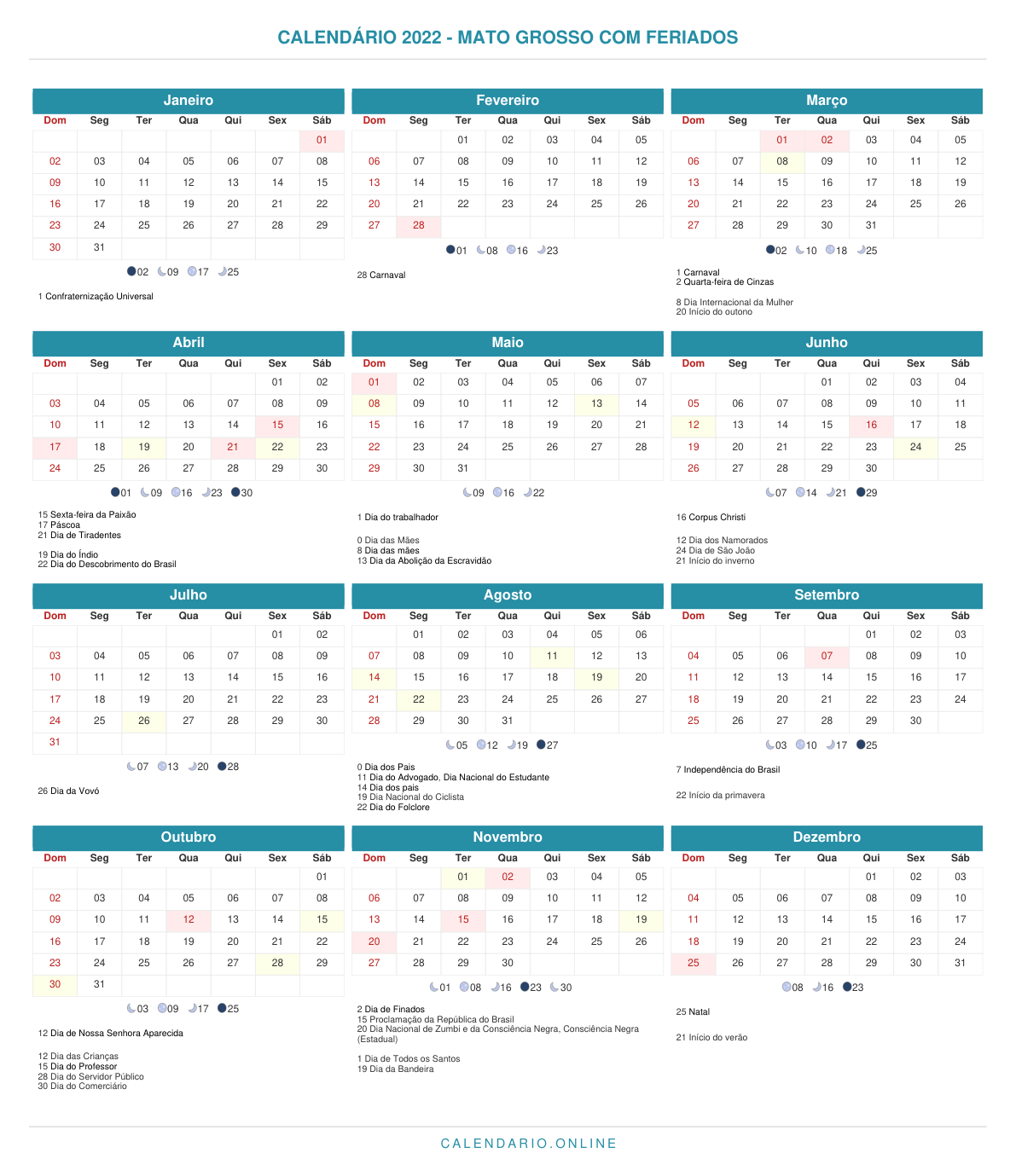 Calendário 2022 do Mato Grosso com feriados
