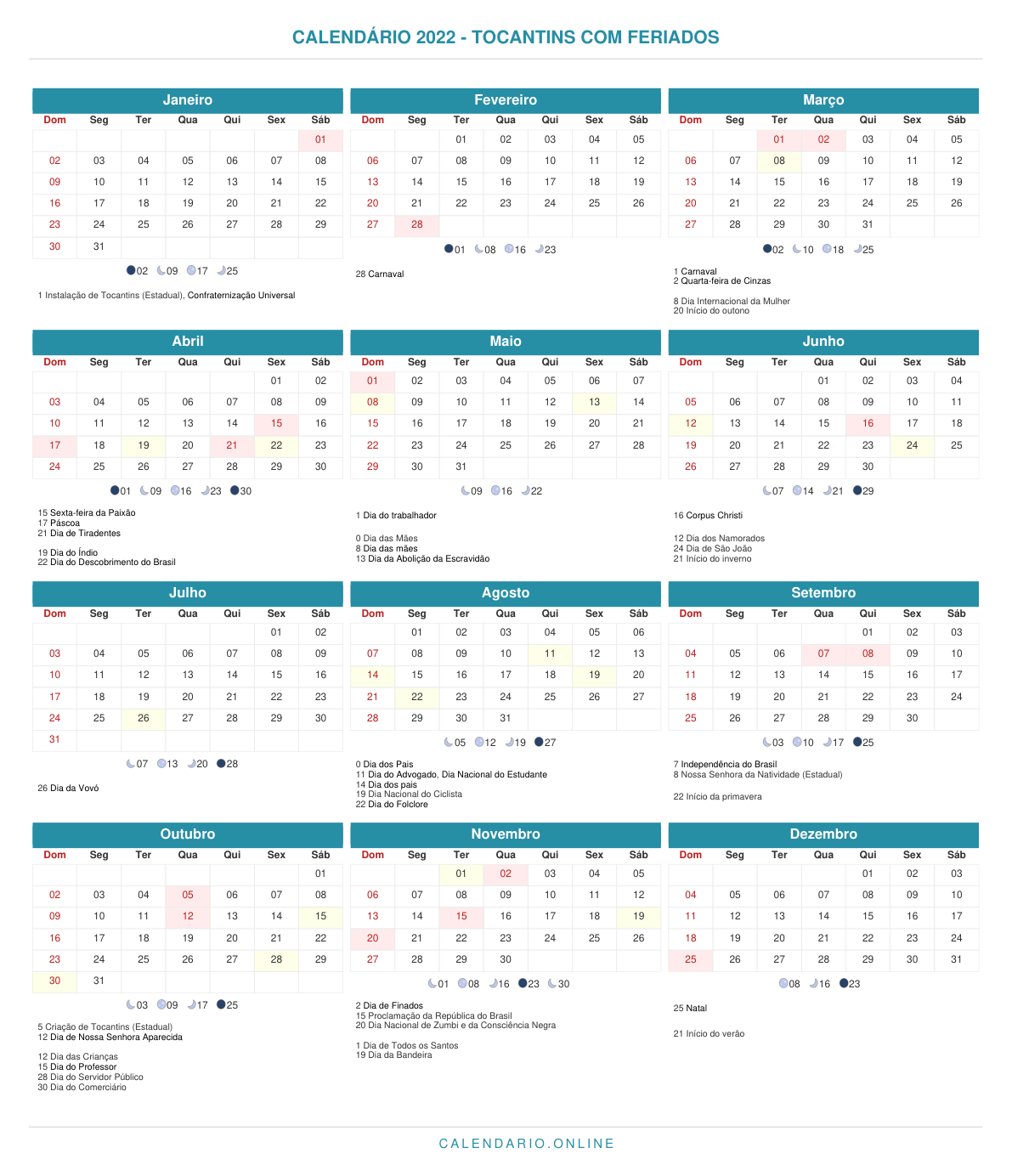 Calendário 2022 de Tocantins com feriados
