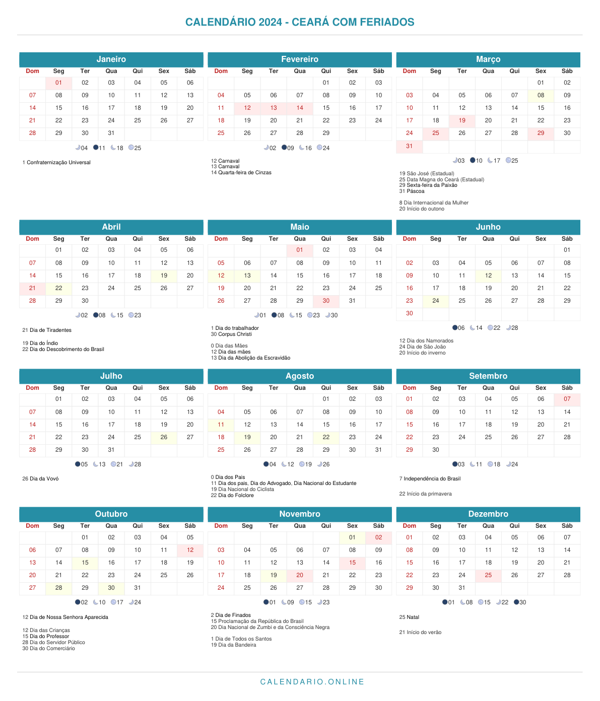 Calendário 2024 do Ceará com feriados