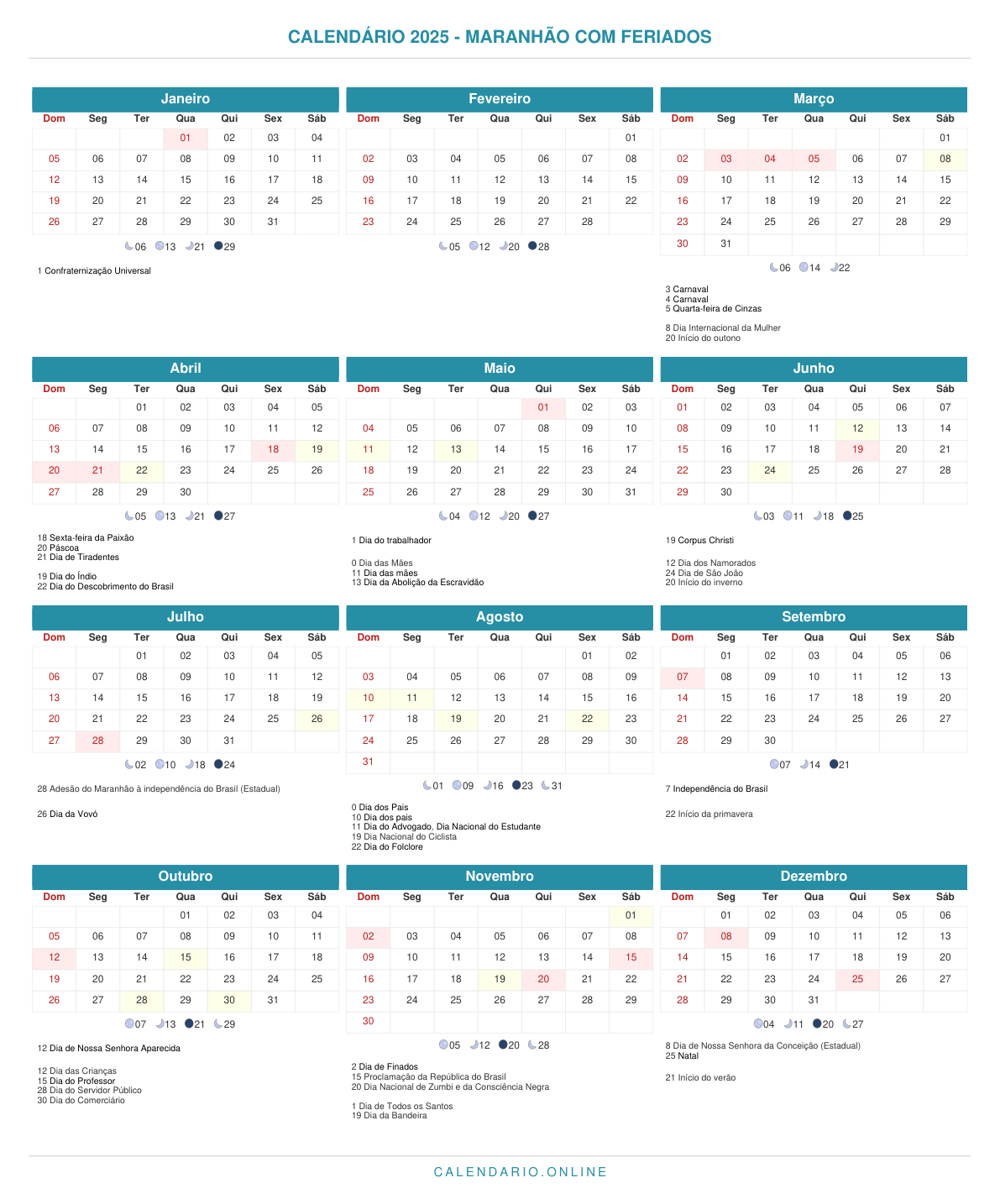 Calendário 2025 do Maranhão com feriados