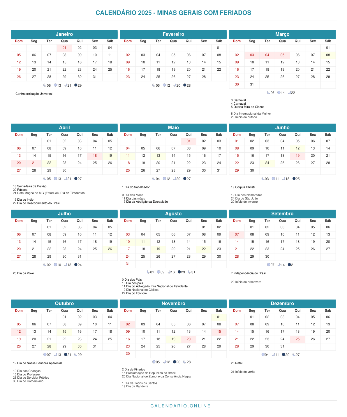 Calendário 2025 de Minas Gerais com feriados