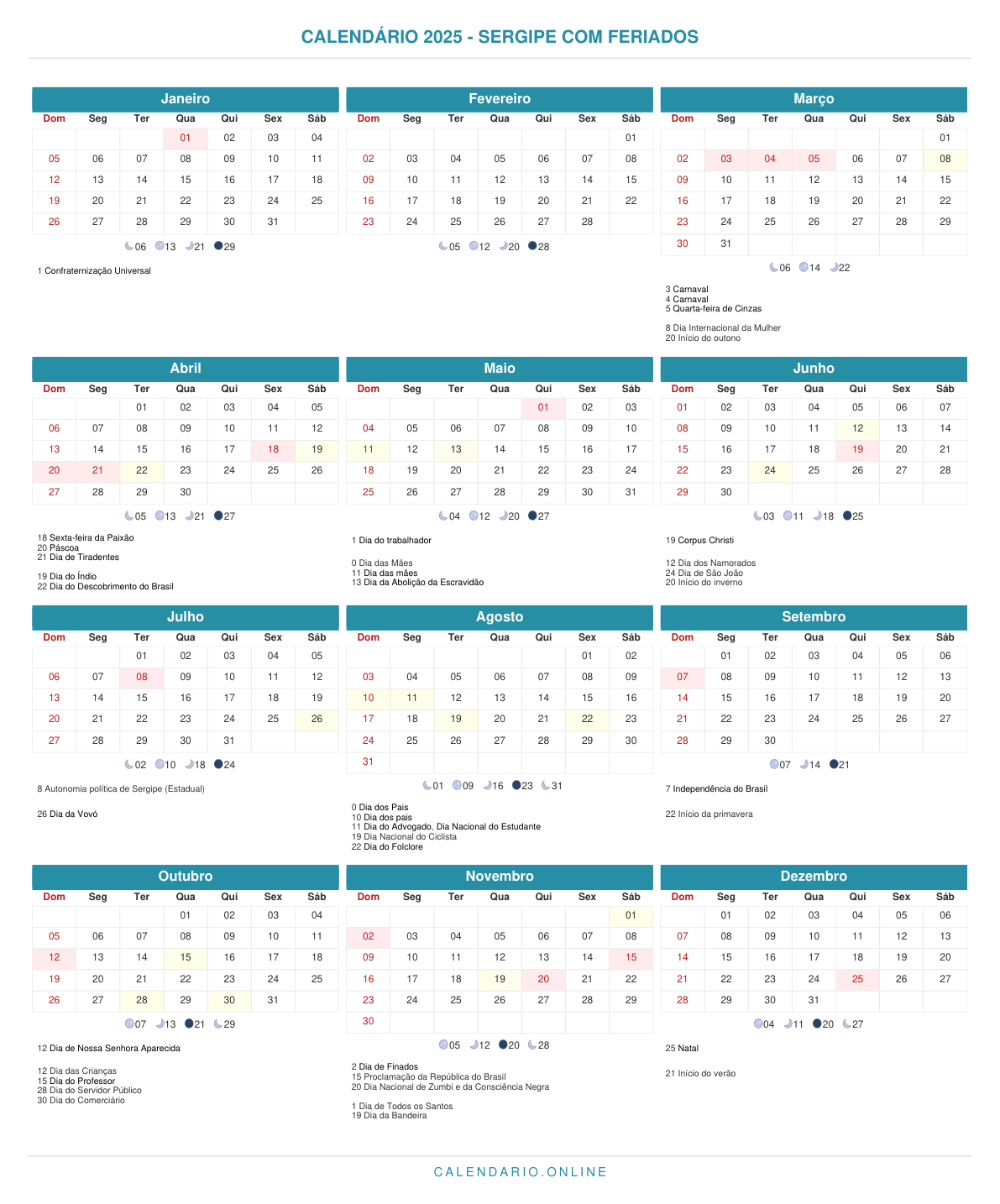 Calendário 2025 de Sergipe com feriados