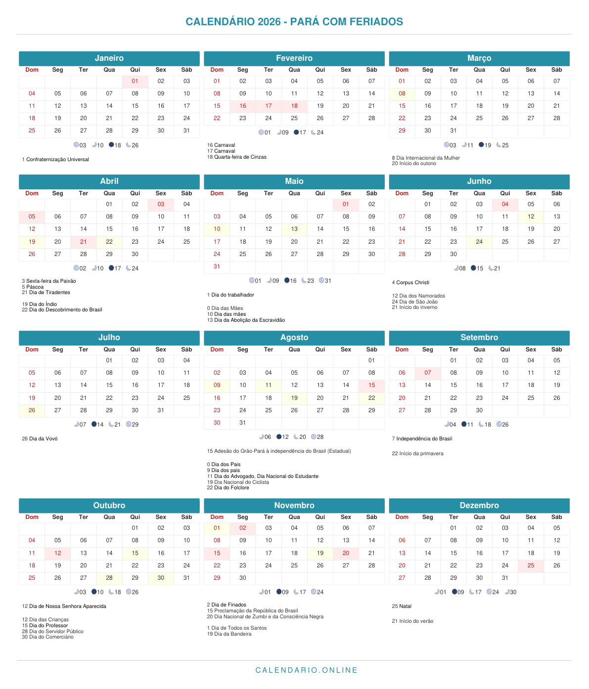 Calendário 2026 do Pará com feriados