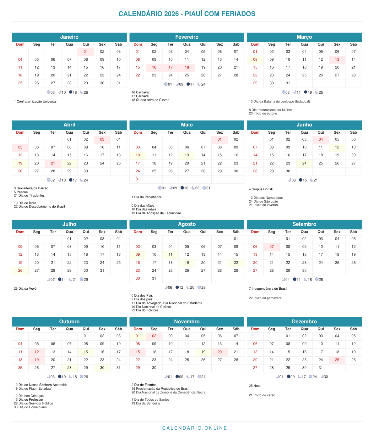 Calendário 2026 do Piauí com feriados