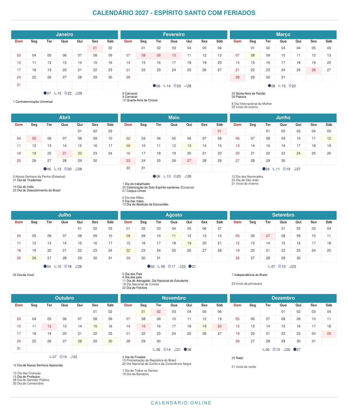 Calendário 2027 do Espírito Santo com feriados