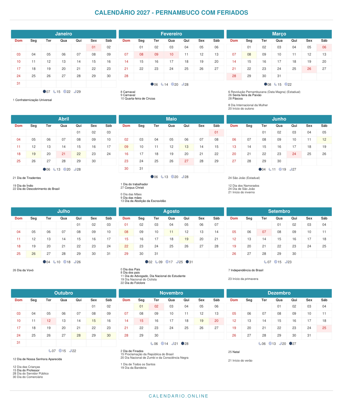 Calendário 2027 de Pernambuco com feriados