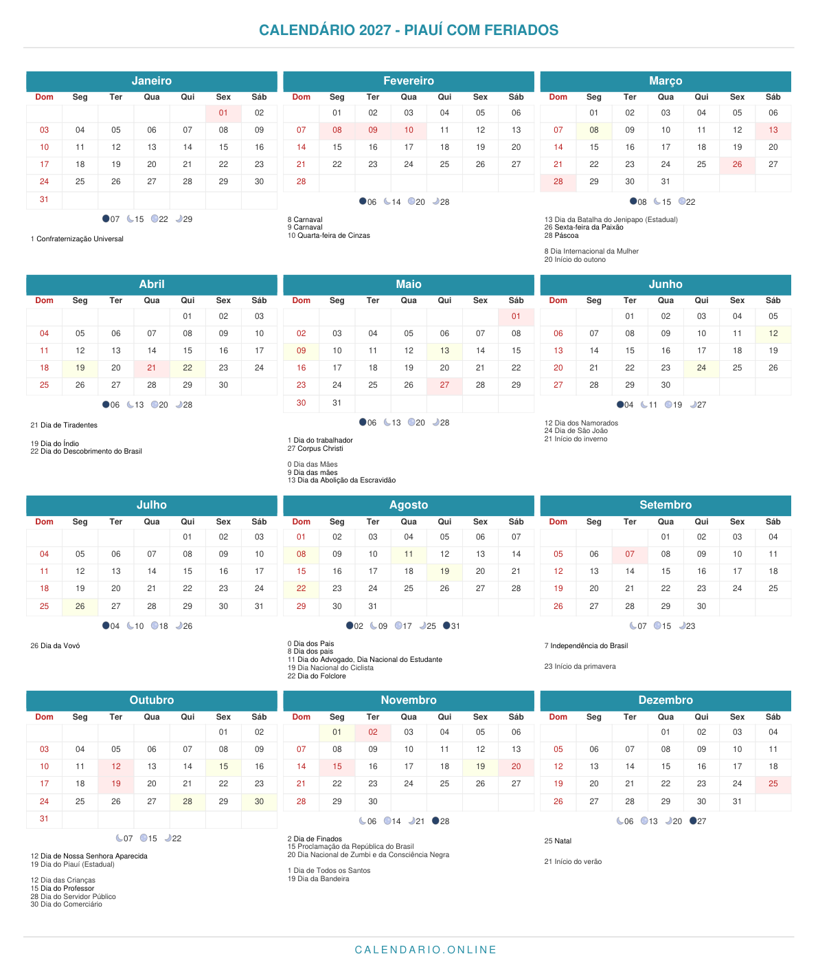 Calendário 2027 do Piauí com feriados