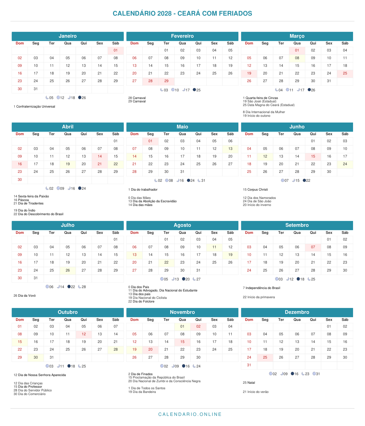 Calendário 2028 do Ceará com feriados