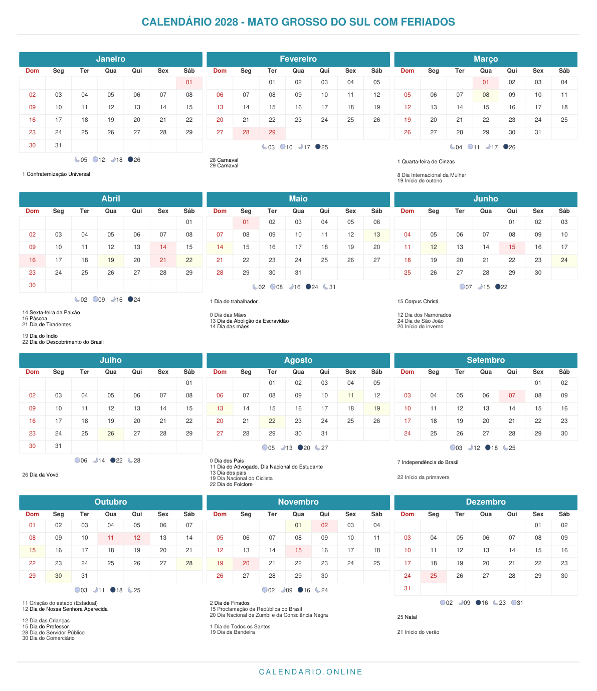 Calendário 2028 do Mato Grosso do Sul com feriados