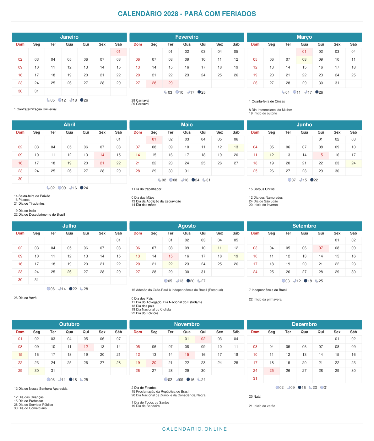 Calendário 2028 do Pará com feriados