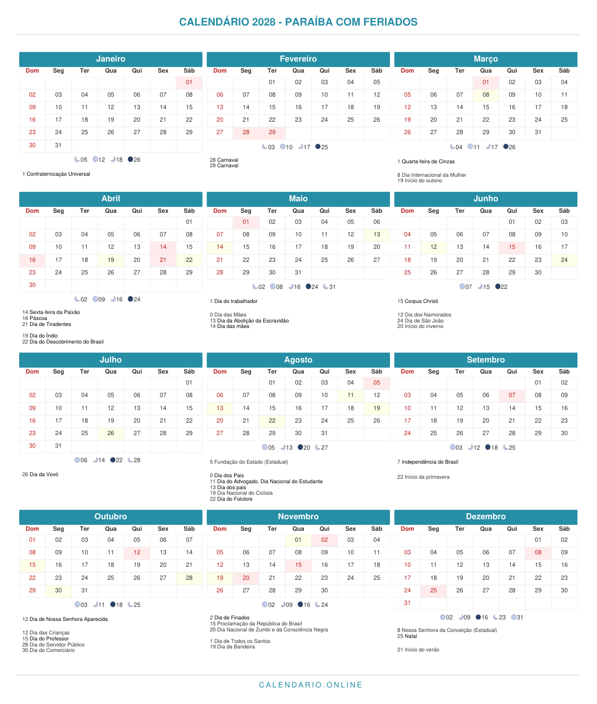 Calendário 2028 da Paraíba com feriados
