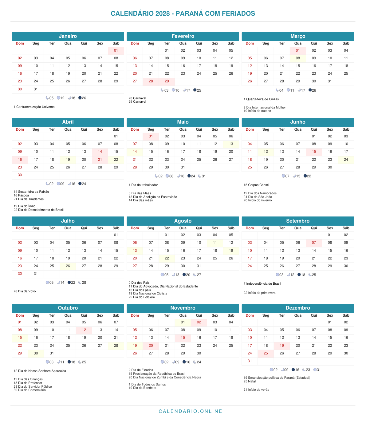Calendário 2028 do Paraná com feriados