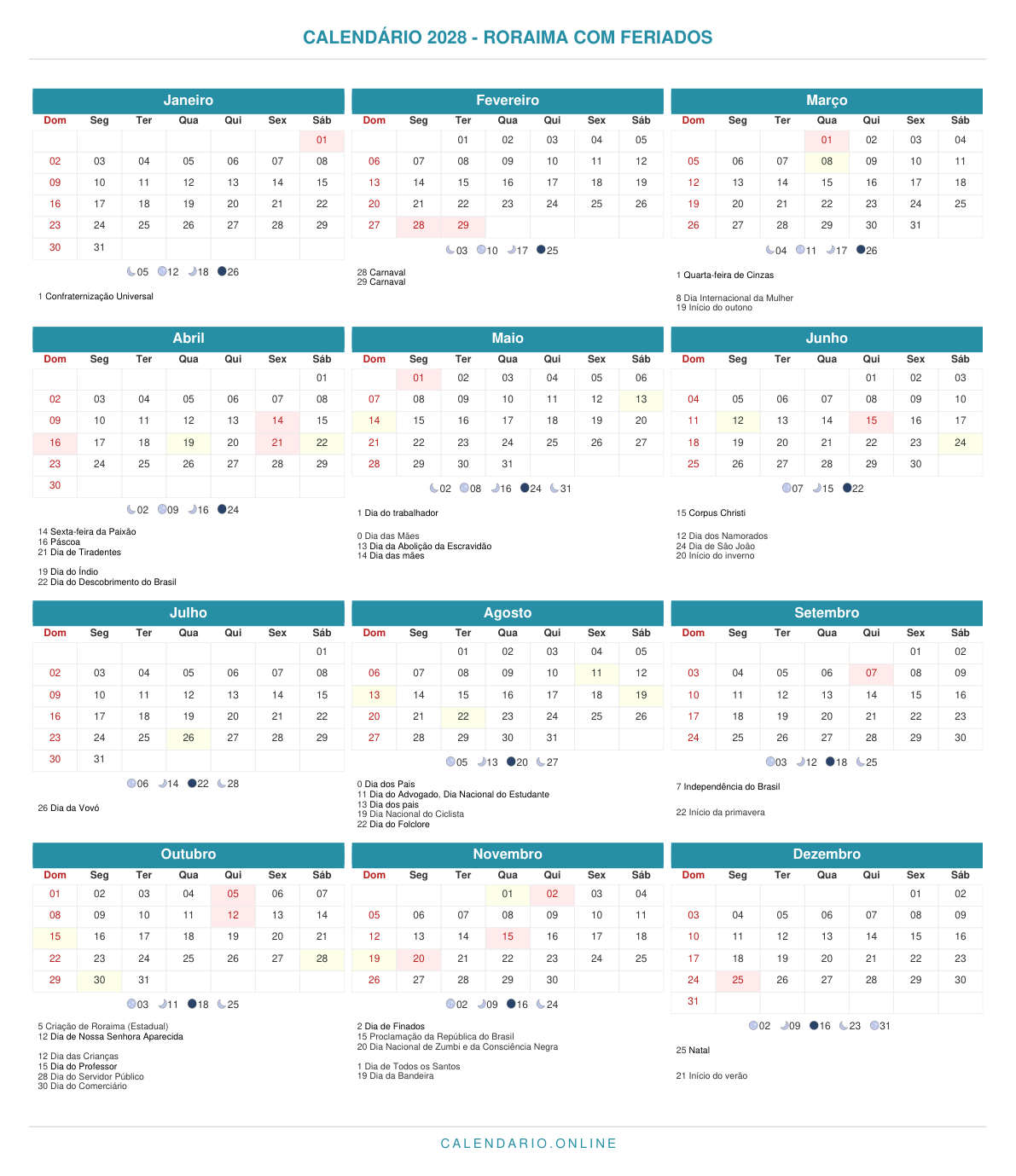 Calendário 2028 de Roraima com feriados