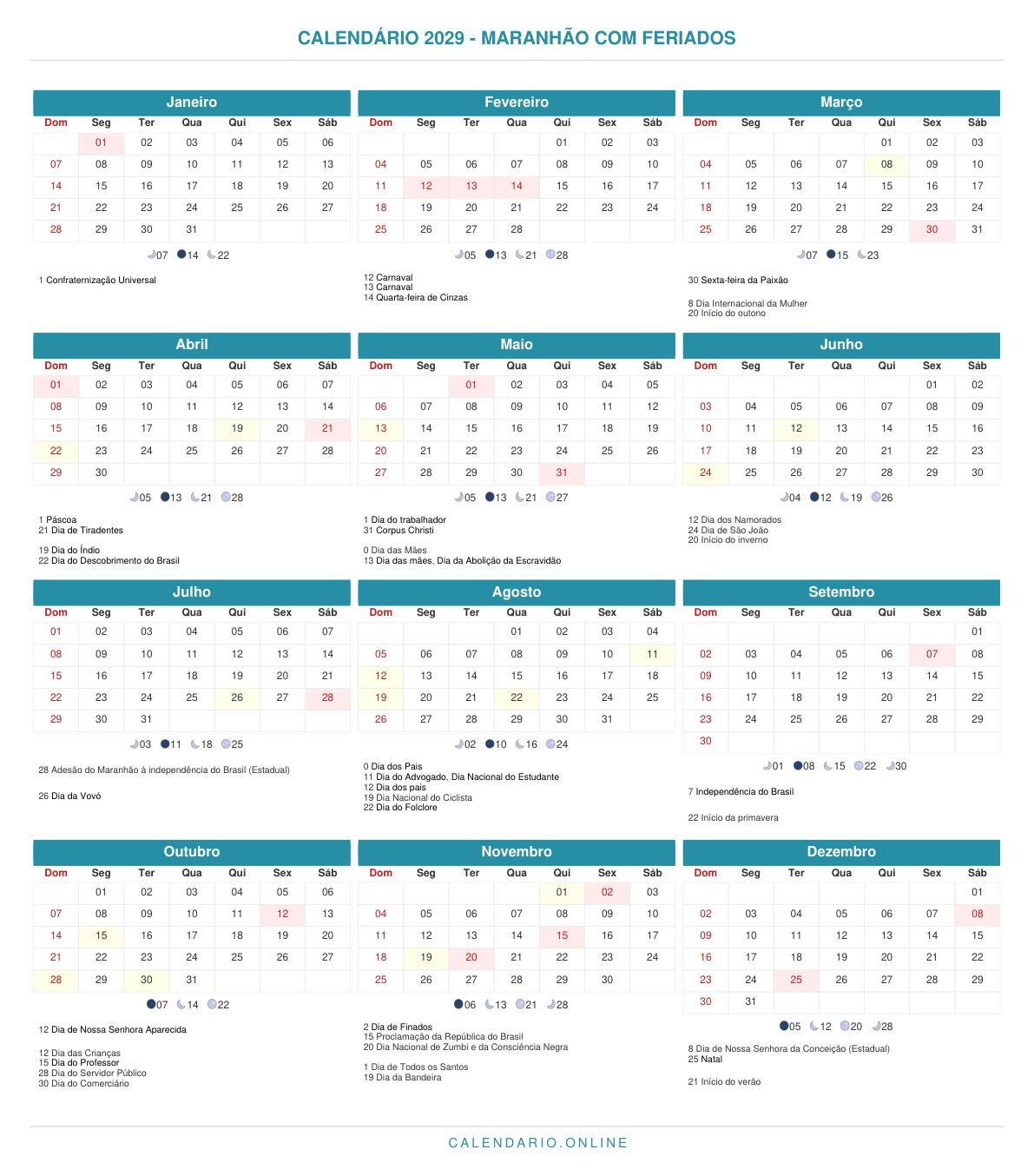 Calendário 2029 do Maranhão com feriados