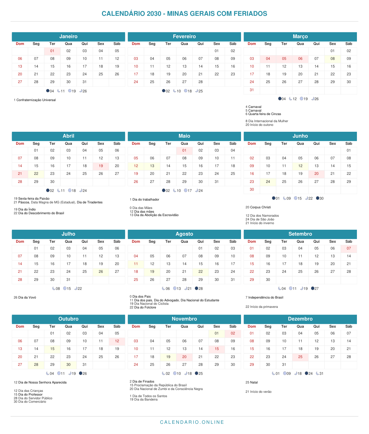 Calendário 2030 de Minas Gerais com feriados