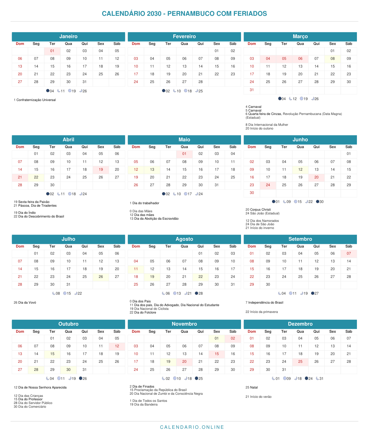 Calendário 2030 de Pernambuco com feriados