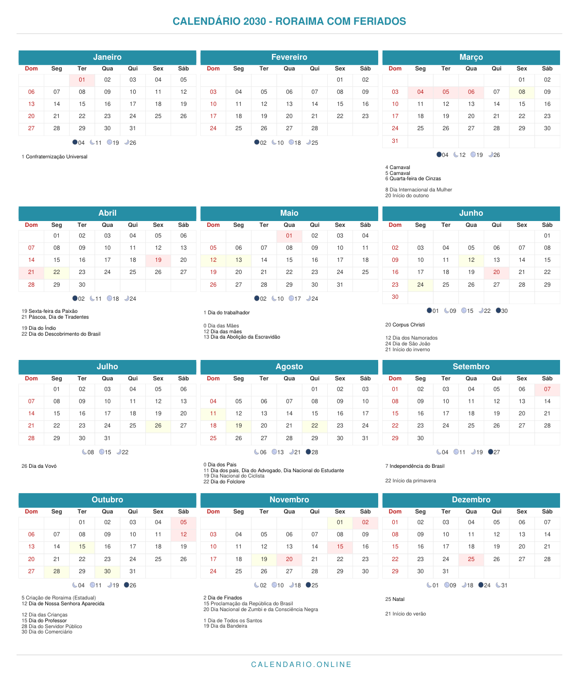 Calendário 2030 de Roraima com feriados