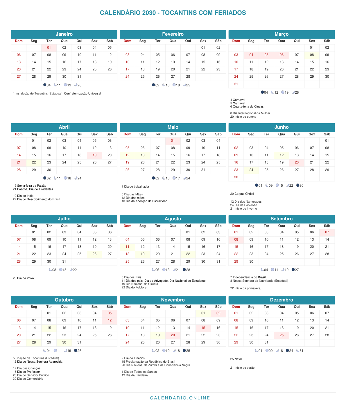 Calendário 2030 de Tocantins com feriados
