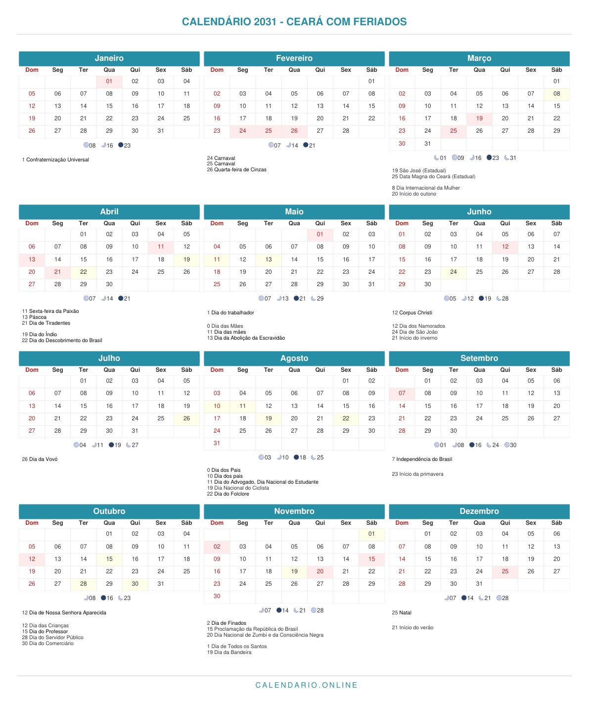 Calendário 2031 do Ceará com feriados