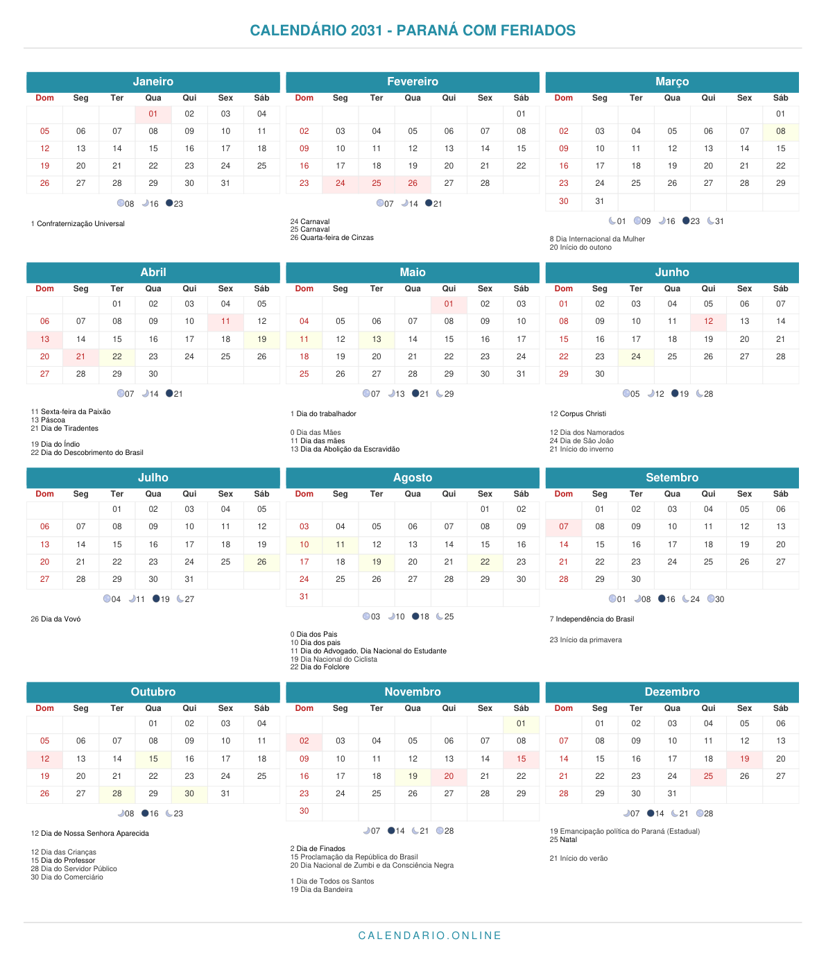 Calendário 2031 do Paraná com feriados