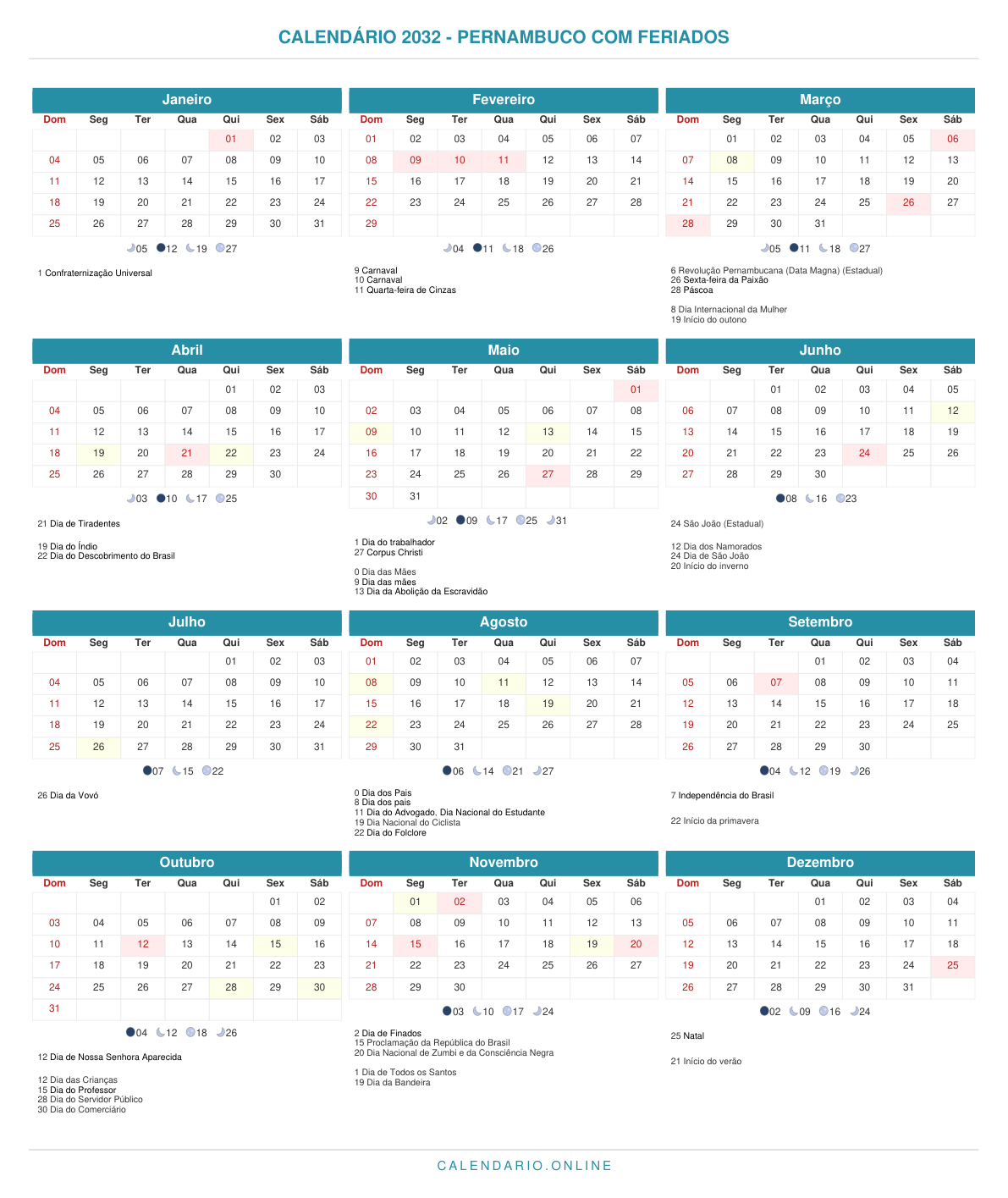 Calendário 2032 de Pernambuco com feriados