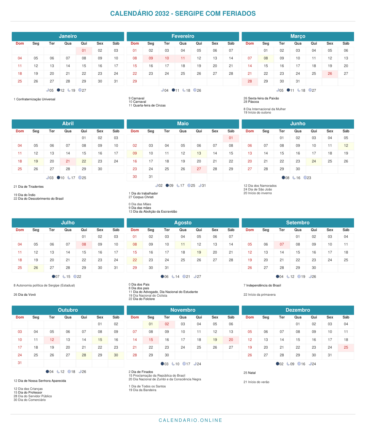 Calendário 2032 de Sergipe com feriados