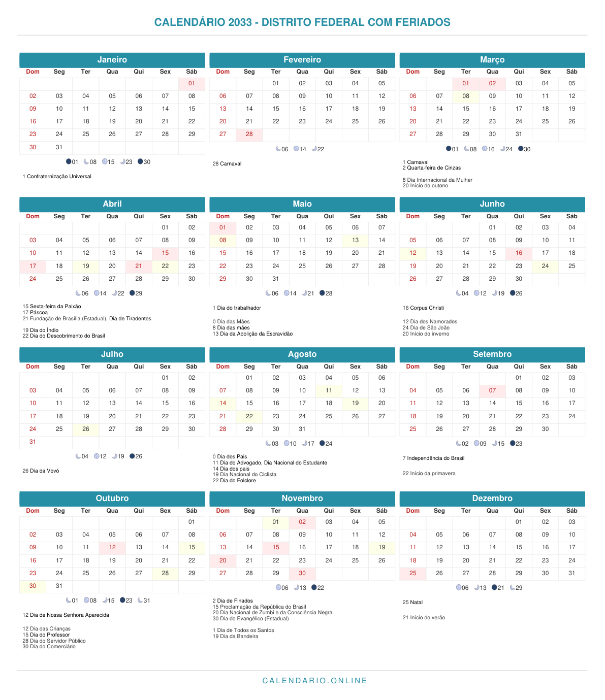 Calendário 2033 do Distrito Federal com feriados