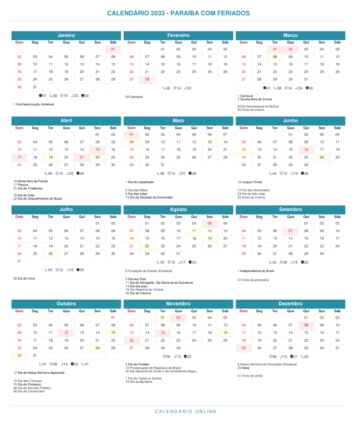 Calendário 2033 da Paraíba com feriados