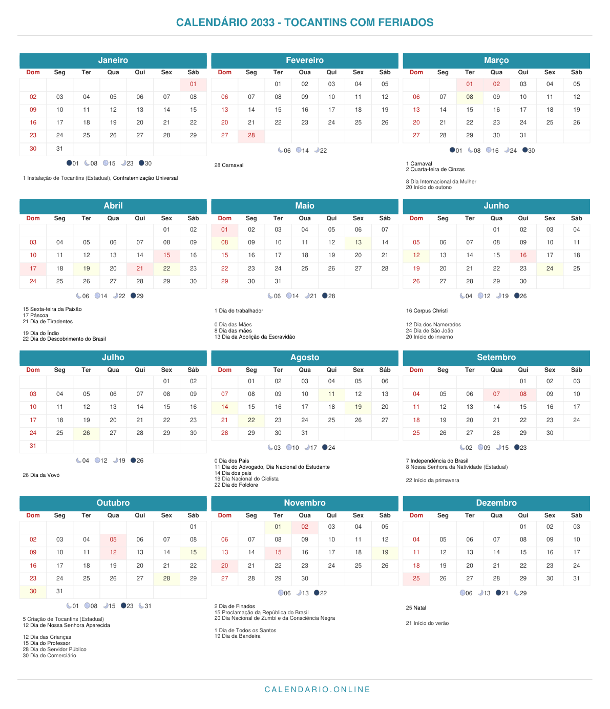 Calendário 2033 de Tocantins com feriados